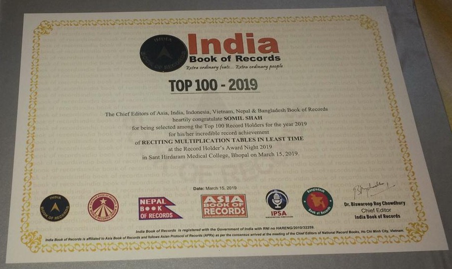 India book of records certificate 2019